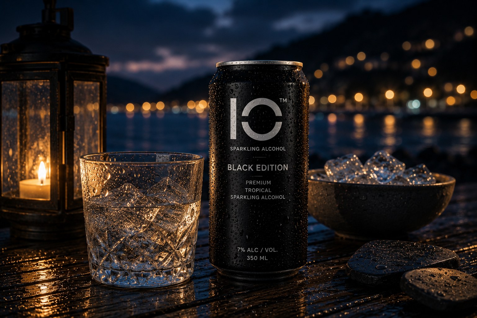An IO Black Edition can on a wet bar top with blurred nightlife lighting behind it.