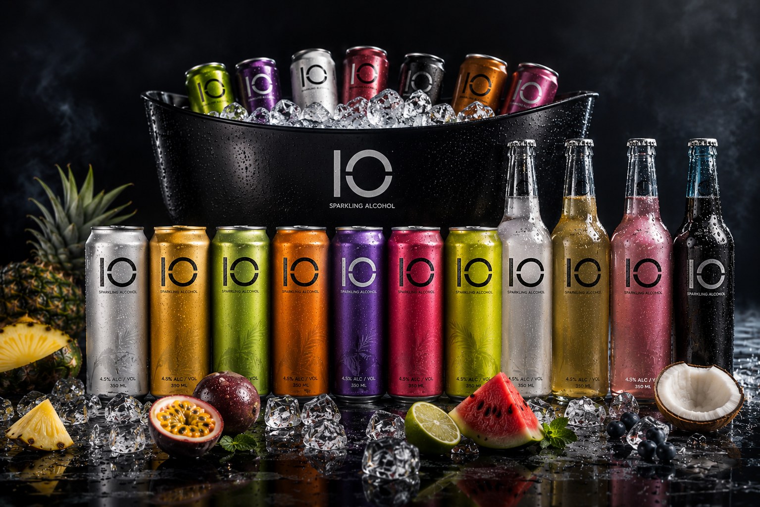 The full IO range stood together on ice with fresh tropical fruit.
